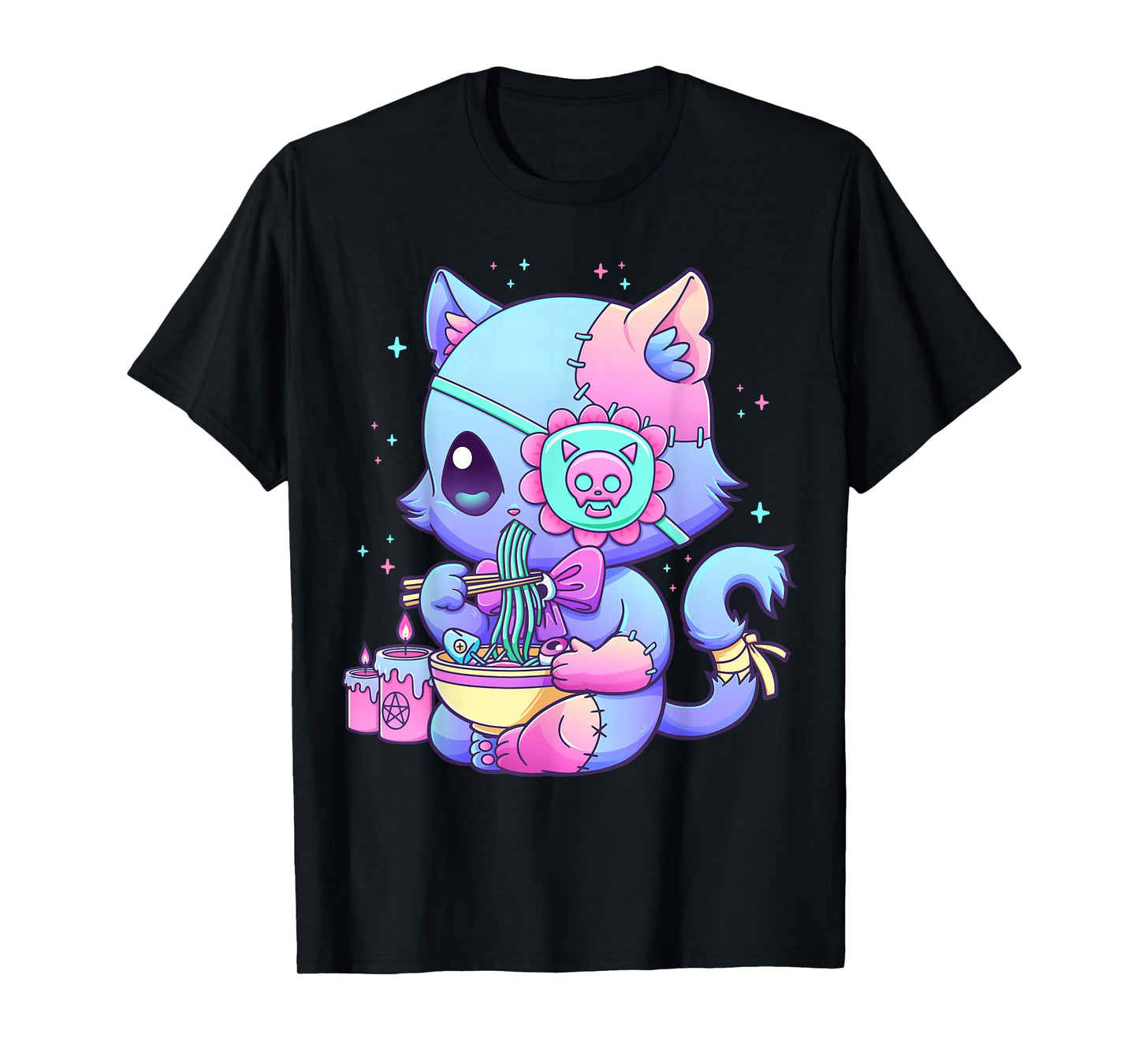 Pastel Goth Aesthetic Kawaii Creepy Cat Eating Ramen Noodles T-Shirt