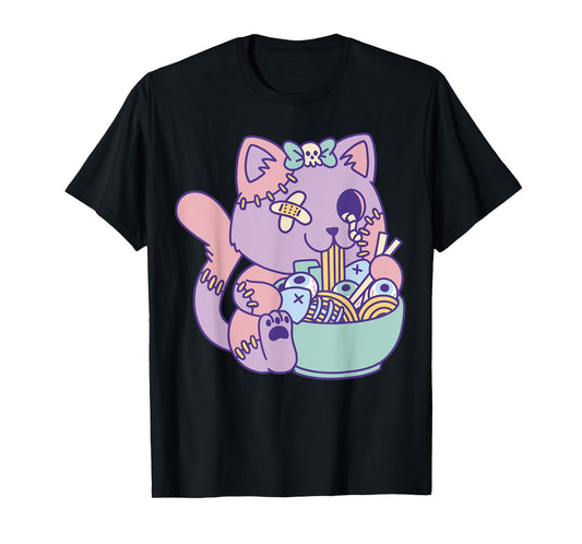 Cute Pastel Kawaii Zombie Cat Eating Ramen Halloween 2023 T-Shirt