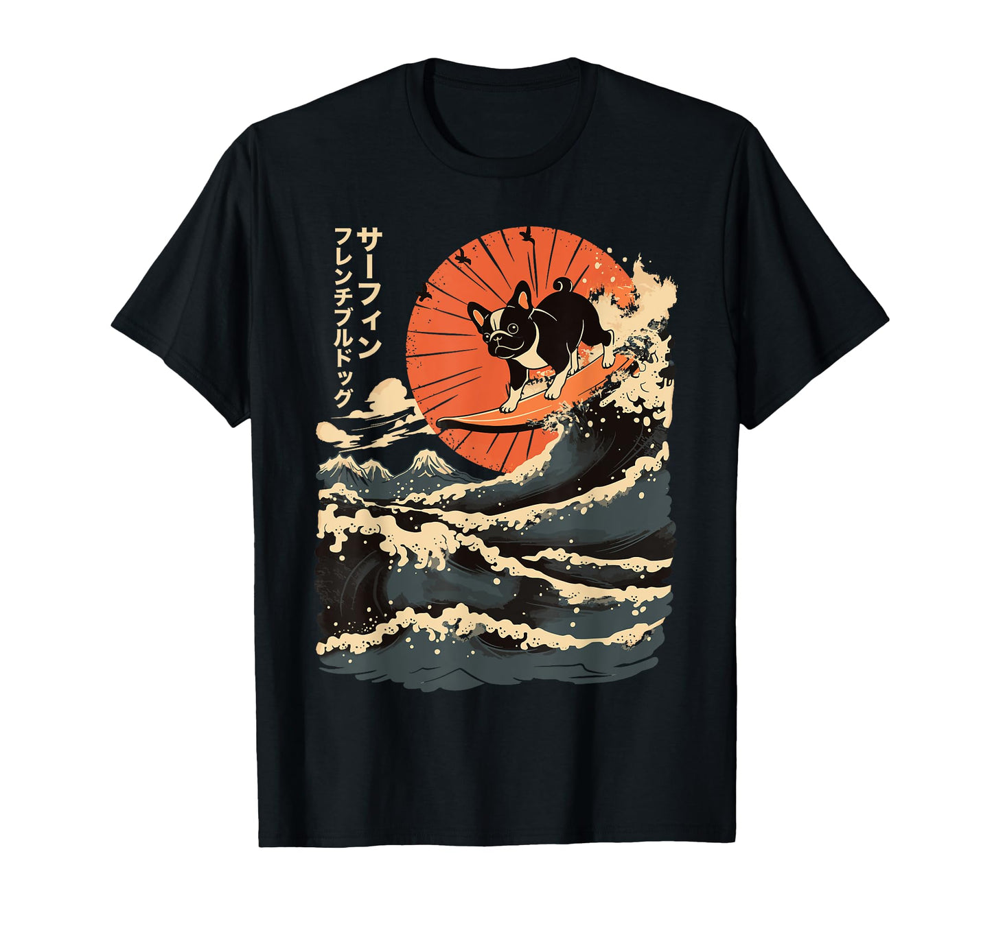 French Bulldog Surfing Japanese Men Women Girls Kids T-Shirt