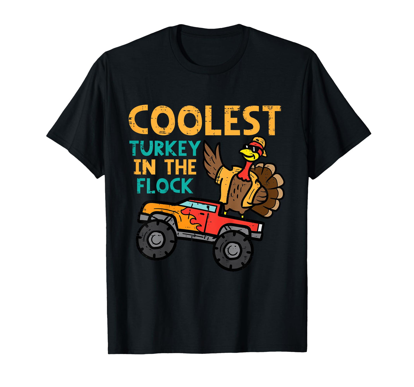 Kids Thanksgiving Monster Truck Coolest Turkey Flock Toddler Boys T-Shirt