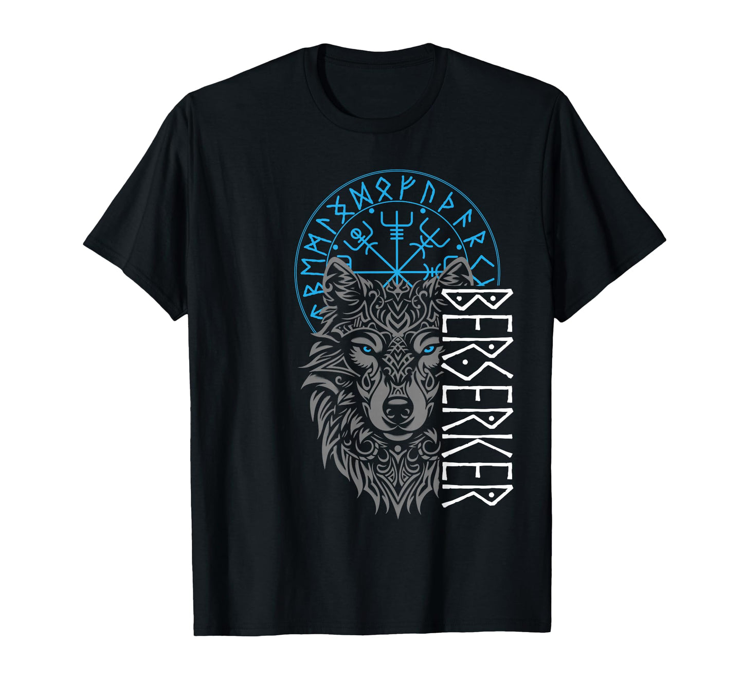 Berserker & Viking Compass - Nordic Wolf Design T-Shirt, Small, Black
