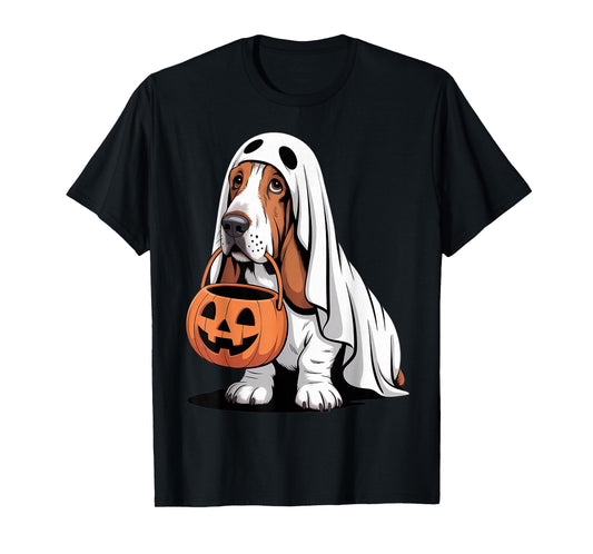 Cute Basset Hound Dog Ghost Costume with Pumpkin T-Shirt