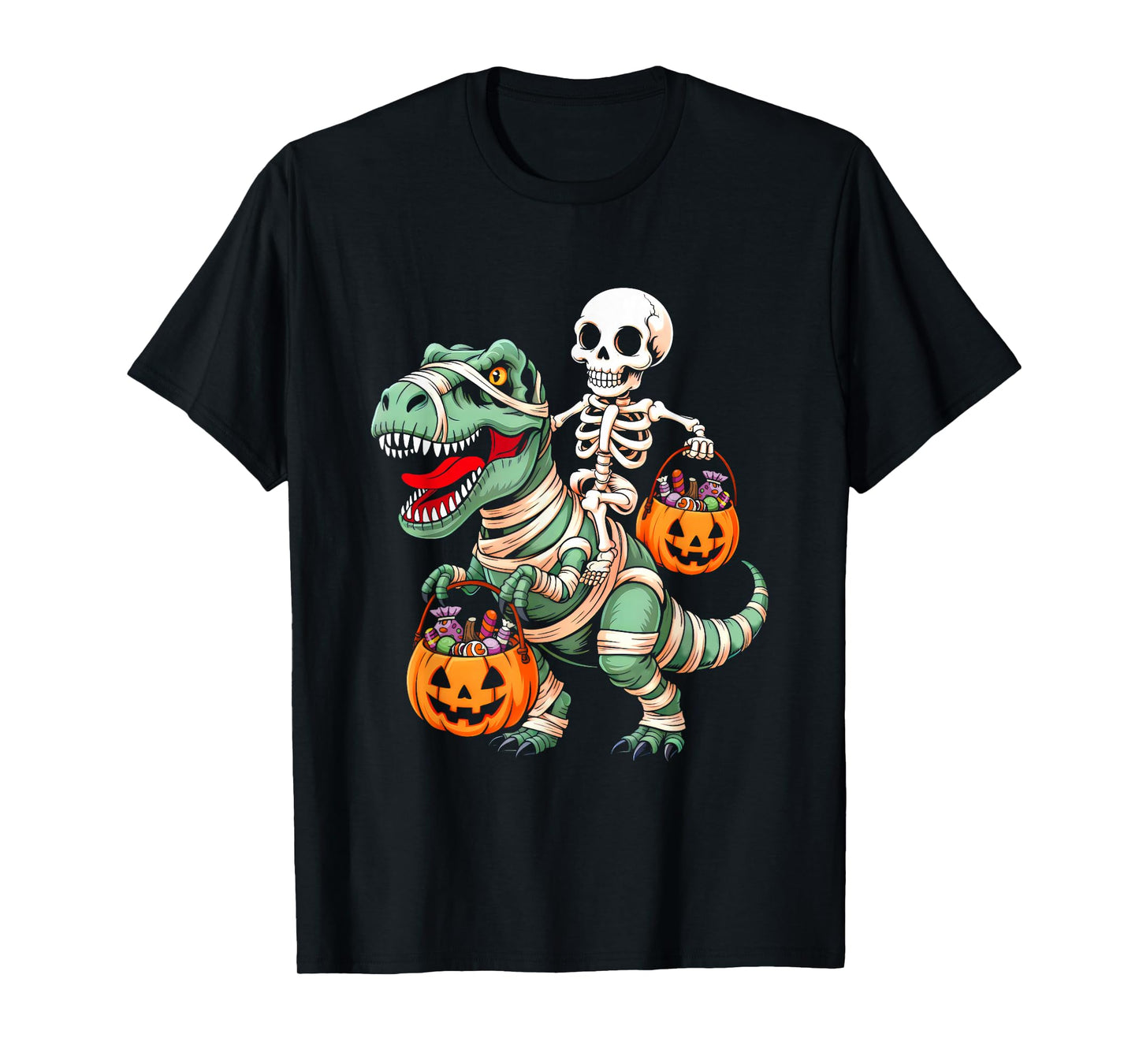 Skeleton Riding Mummy Dino Pumpkin Candy Halloween Costume T-Shirt