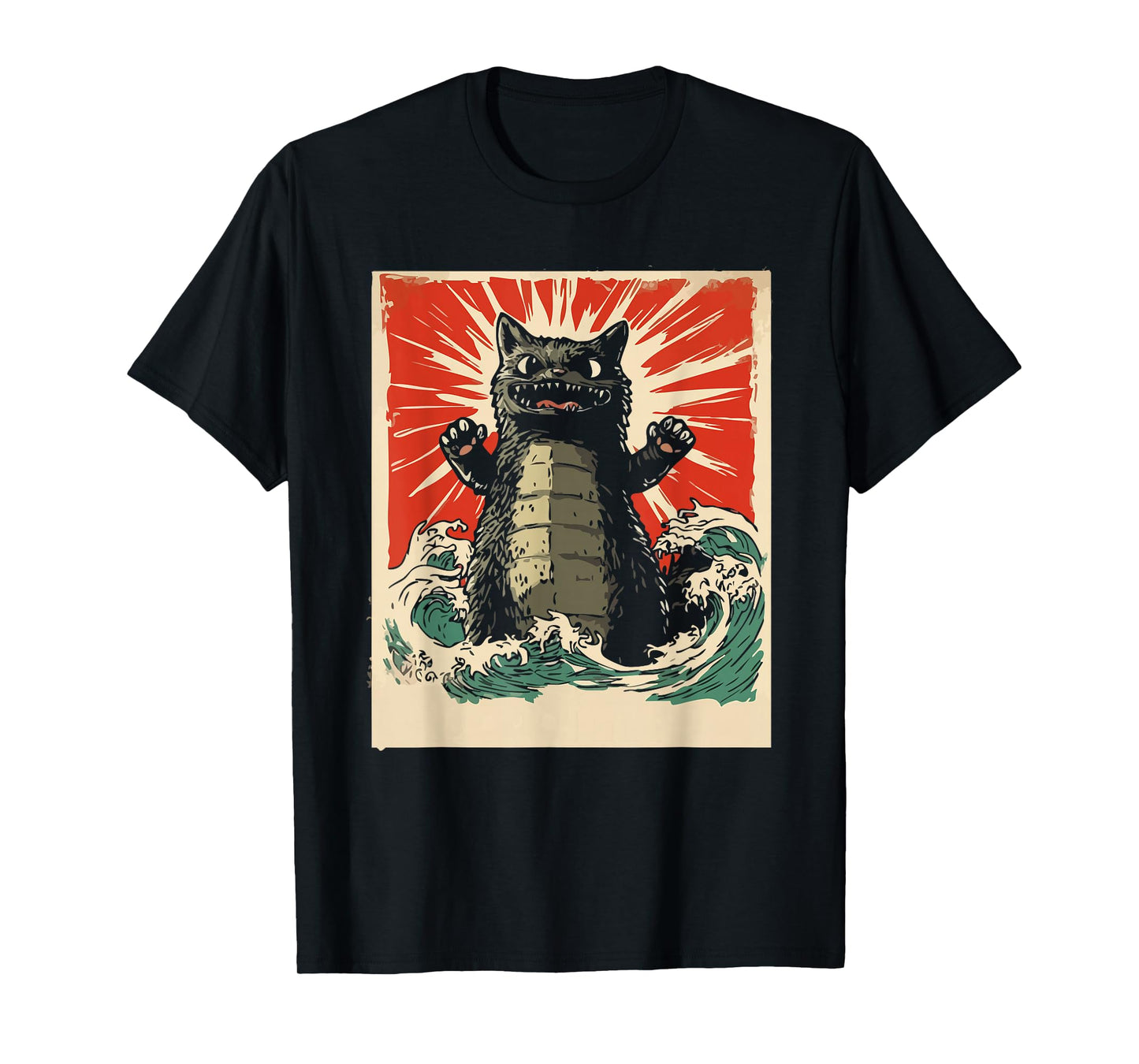 Epic Monster Cat Rising From Waves Retro Kawaii Men Kids T-Shirt