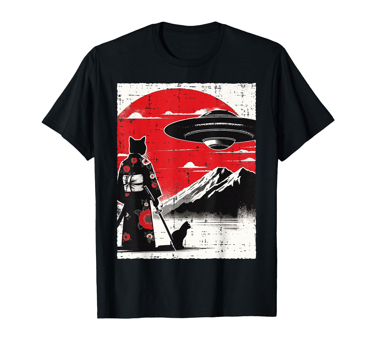 Japanese Cat Kimono UFO Red Sun Samurai Art Men Women Kids T-Shirt
