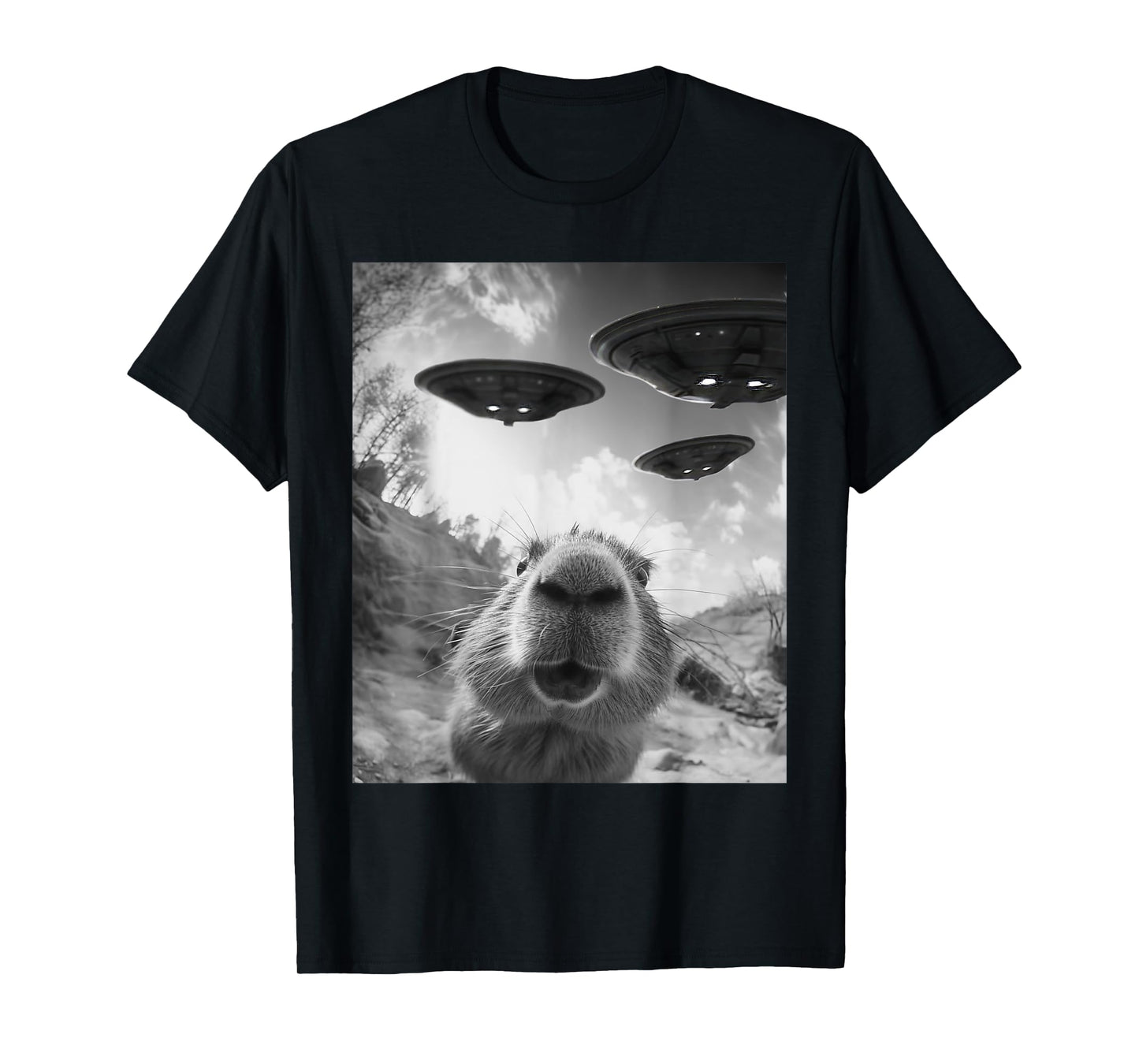 Funny Capybara Selfie with UFOs Weird Graphic Tee Alien UFO T-Shirt