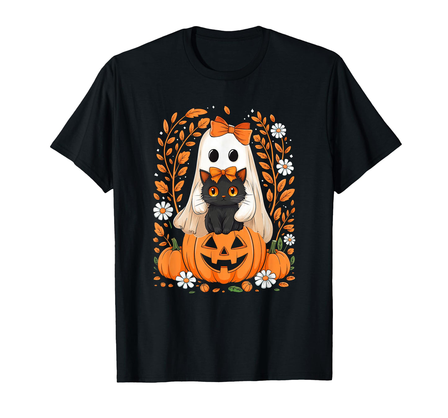 Vintage Halloween Ghost Holding Black Cat Groovy Floral T-Shirt