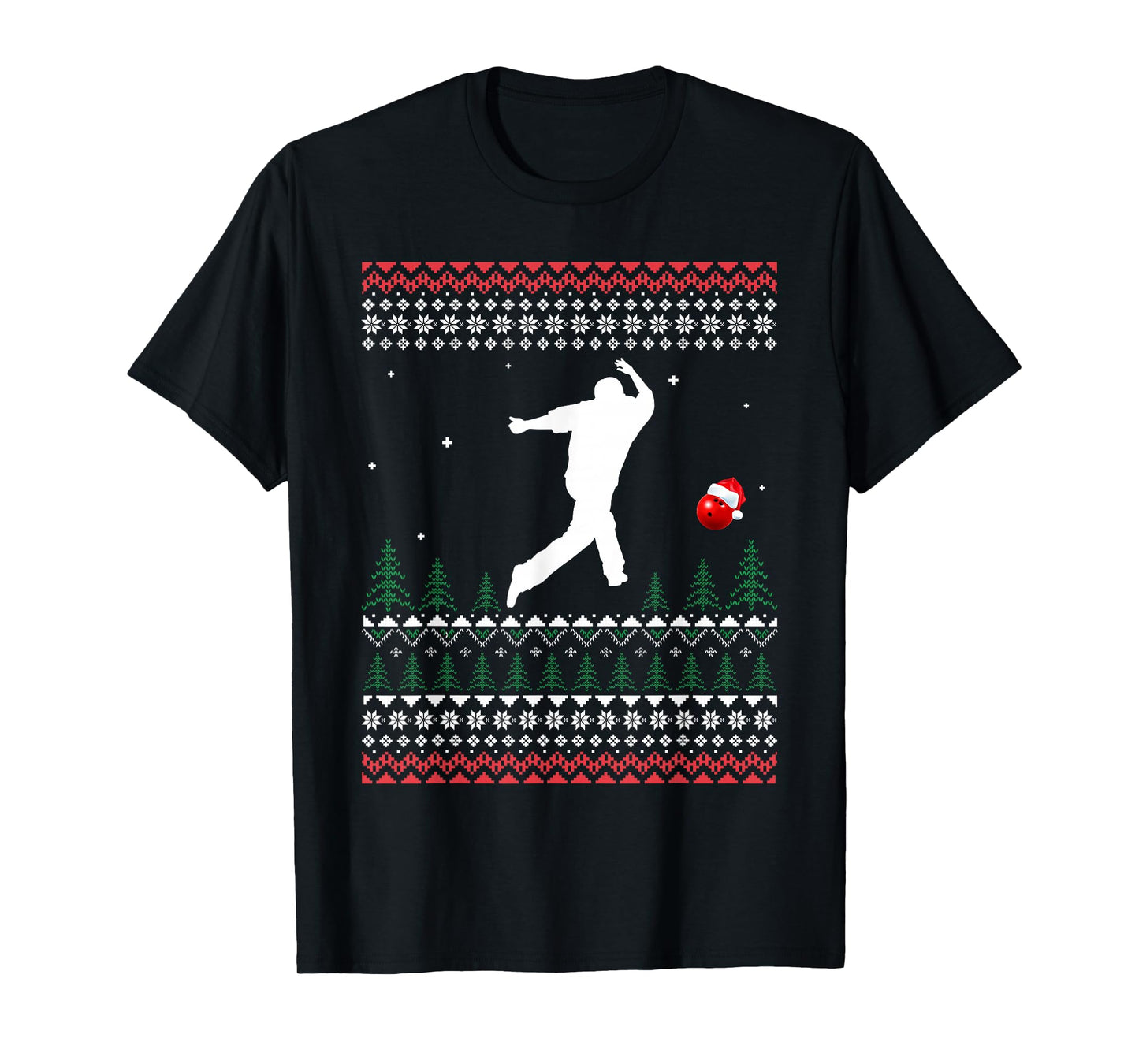 Cute Bowling Player Santa Claus Hat Ugly Christmas Sweater T-Shirt