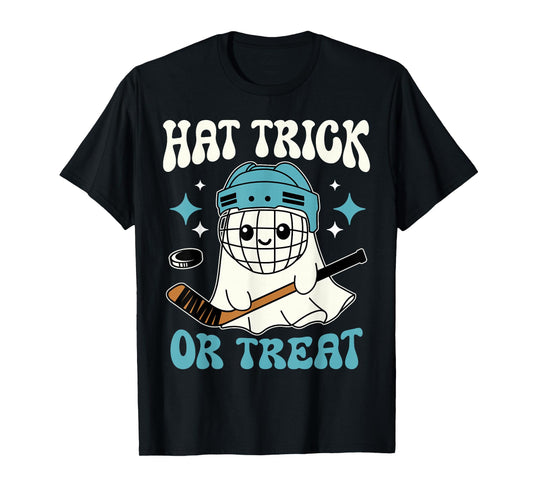 Hat Trick Or Treat Halloween Ice Hockey Player Ghost Hockey T-Shirt