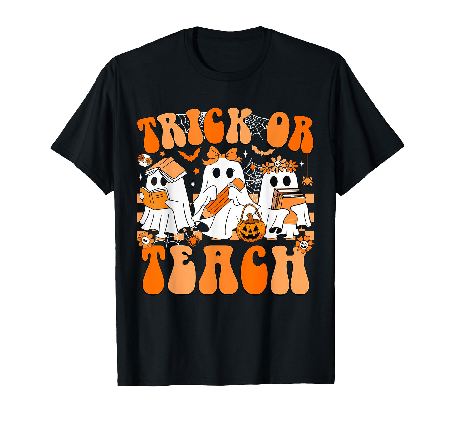 Trick Or Teach Groovy Teacher Halloween Retro Floral Ghost T-Shirt
