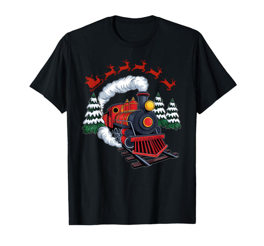 Funny Christmas Train Xmas Pajamas Railroad Trains Lover T-Shirt