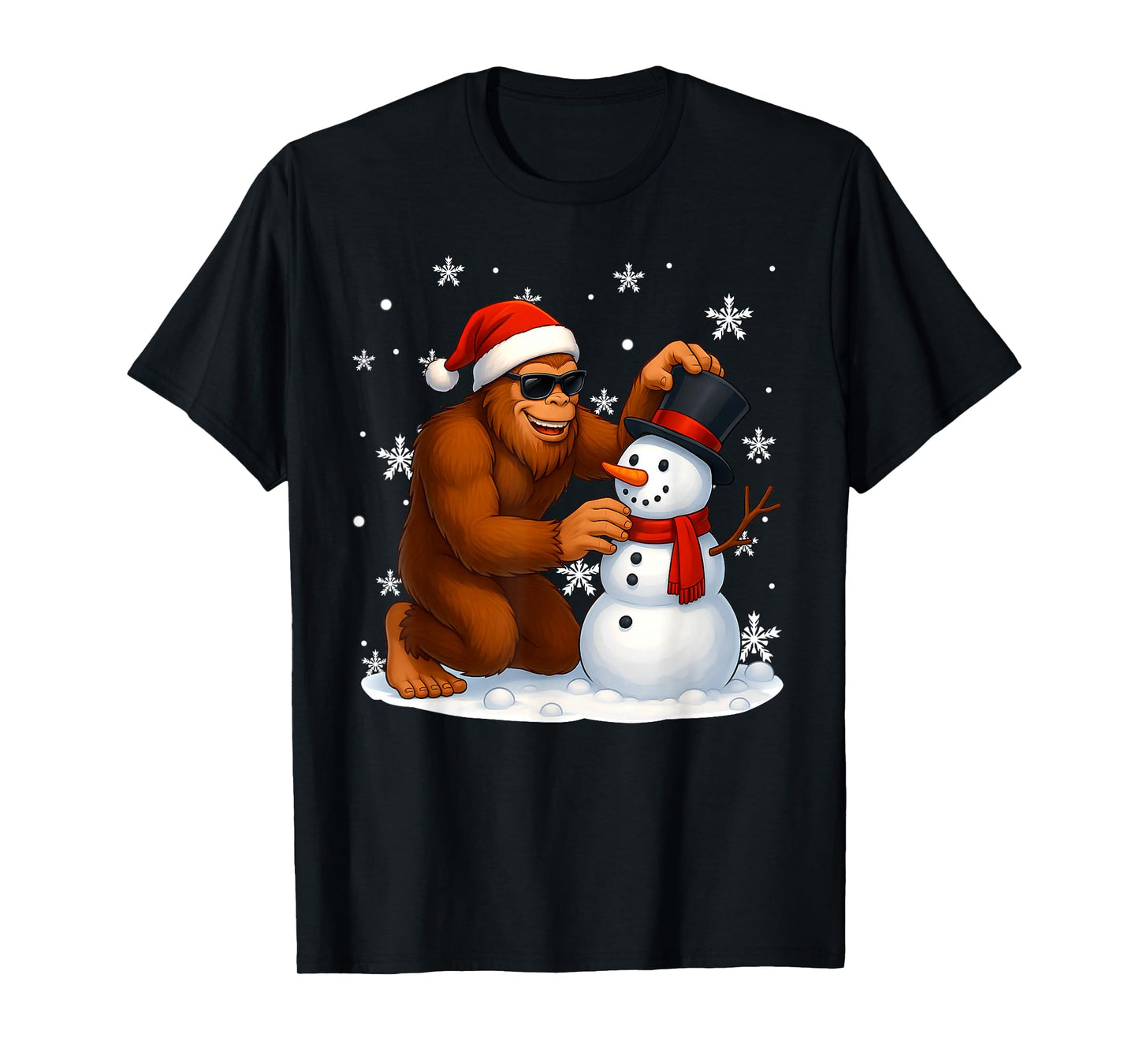 Bigfoot Building Snowman Christmas Tree Lights Christmas PJS T-Shirt