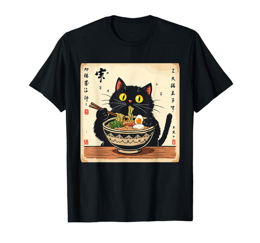 Cute Black Cat Eating Ramen Noodles Lover Japanese Clothing T-Shirt