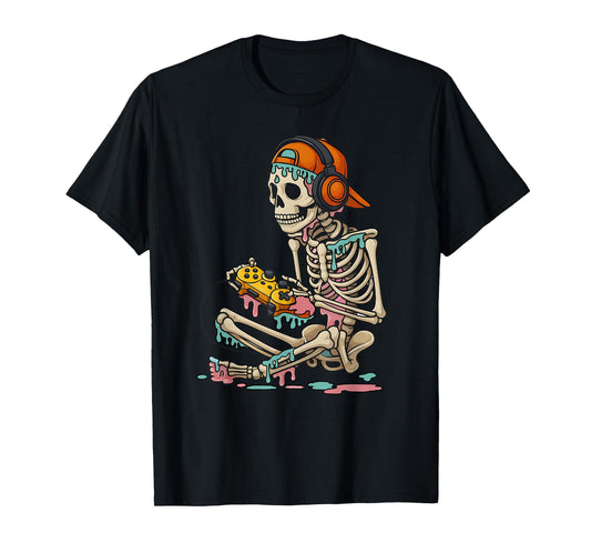 Halloween Skeleton Gamer Video Gaming Ice Cream Drip Skull T-Shirt