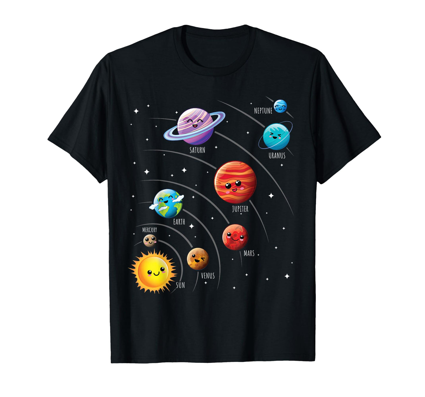 Kids Colorful Solar System Cute Anime Planets Space T-Shirt