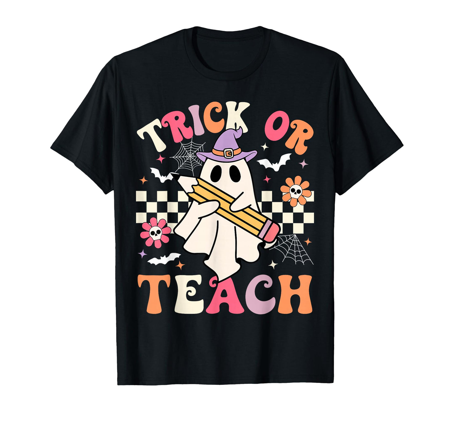 Trick Or Teach Groovy Teacher Halloween Retro Floral Ghost T-Shirt