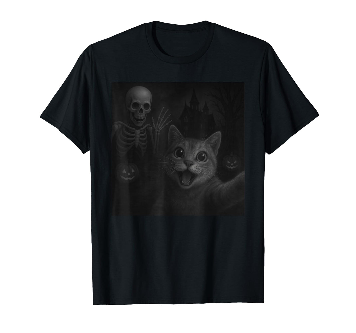 Cat Selfie with Skeleton Halloween Funny T-Shirt