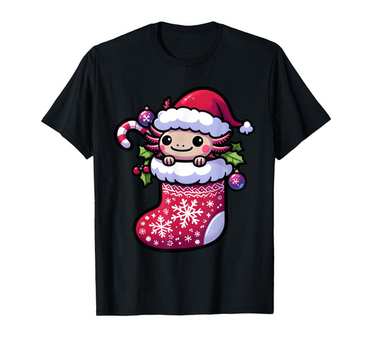 Cute Christmas Candy Cane Santa Axolotl in Xmas Stocking T-Shirt