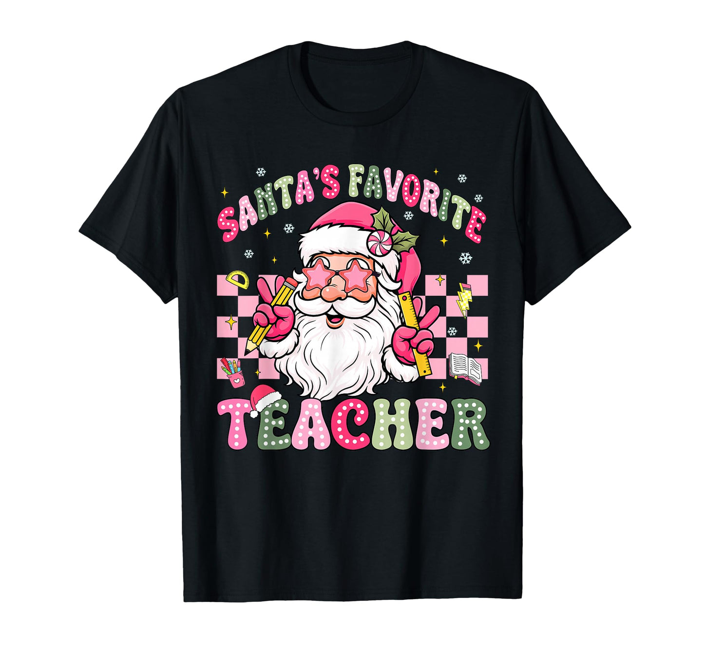 Santa's Favorite Teacher Groovy Christmas Teacher Boys Girls T-Shirt
