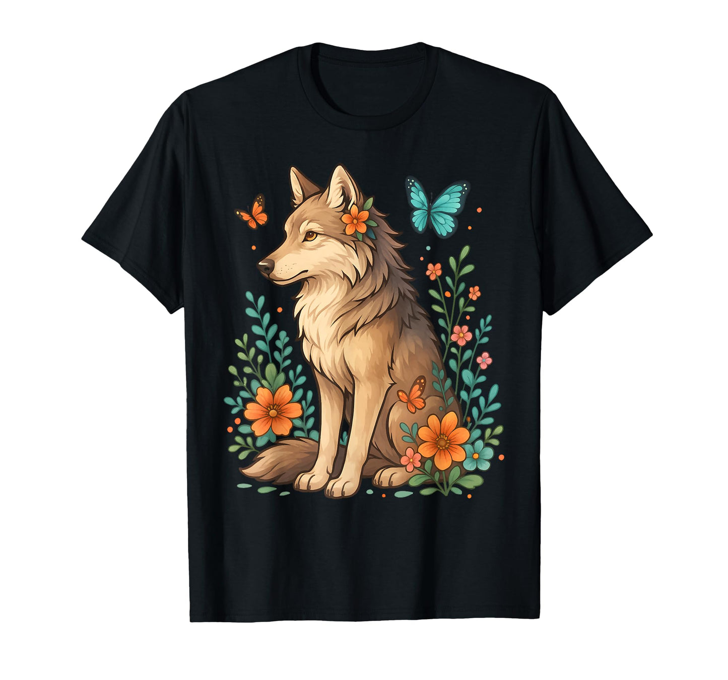 Floral Wolf With Butterflies Mystical Forest Nature Lovers T-Shirt
