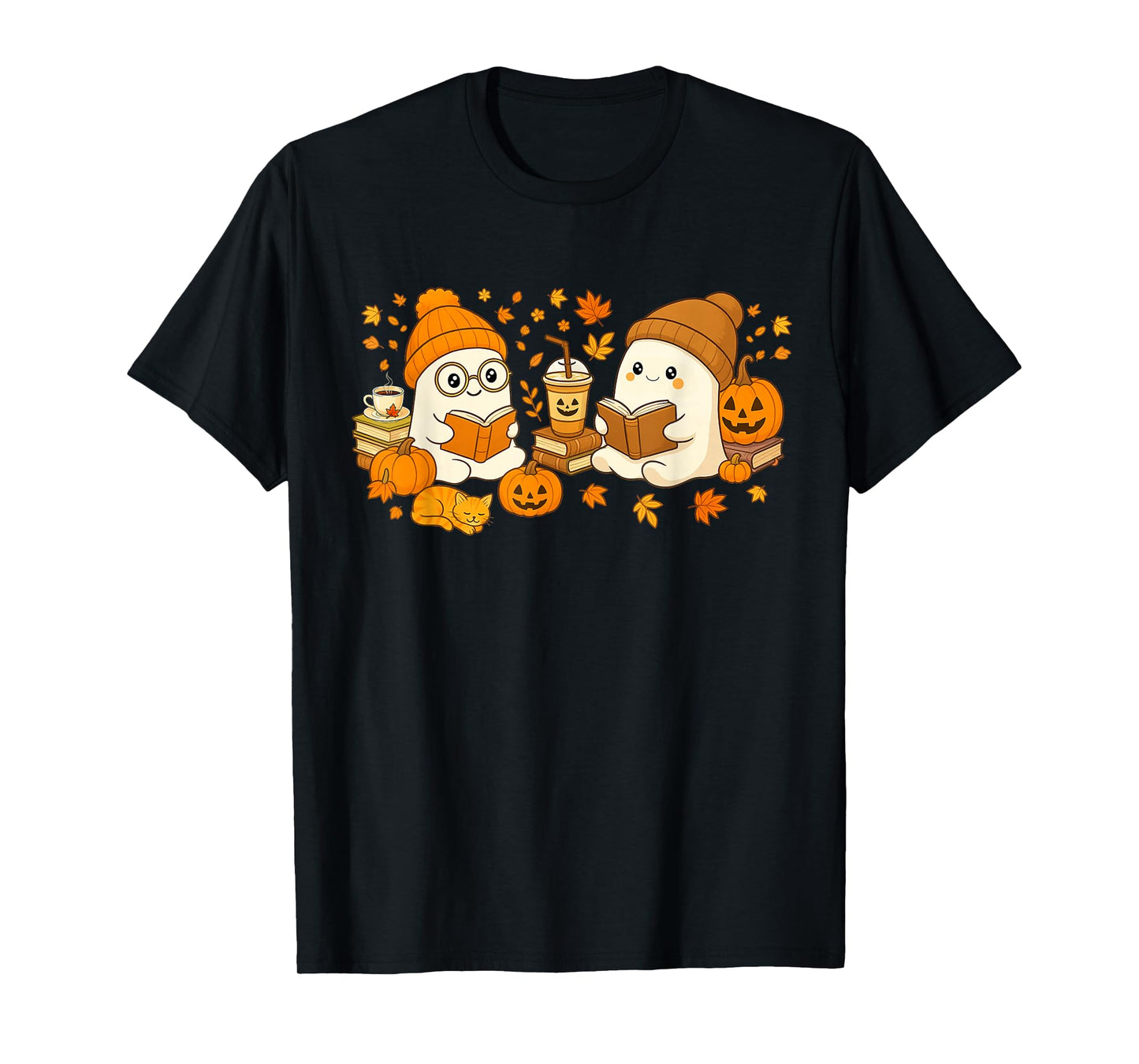 Cute Ghost Reading Book Lovers Cat Autumn Fall Halloween T-Shirt