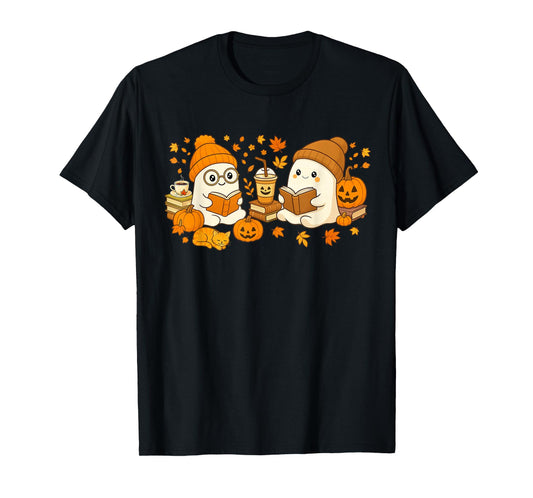 Cute Ghost Reading Book Lovers Cat Autumn Fall Halloween T-Shirt