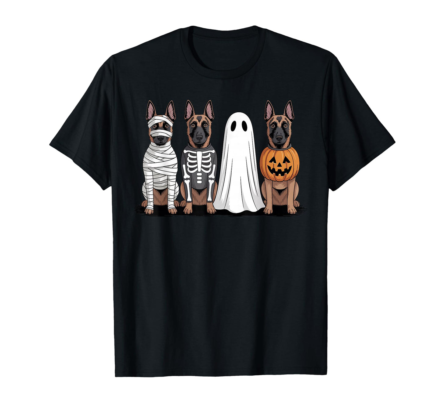Spooky Ghost Belgian Malinois Pumpkin Halloween Dog Skeleton T-Shirt
