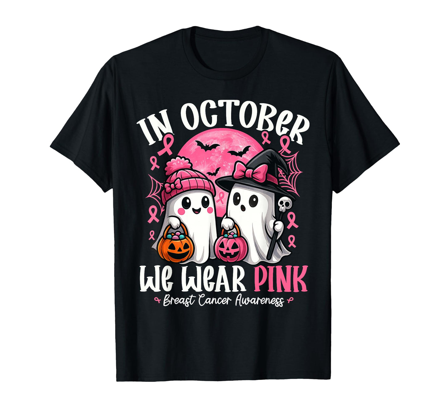 in October We Wear Pink Ghost Witch Breast Cancer Awareness T-Shirt