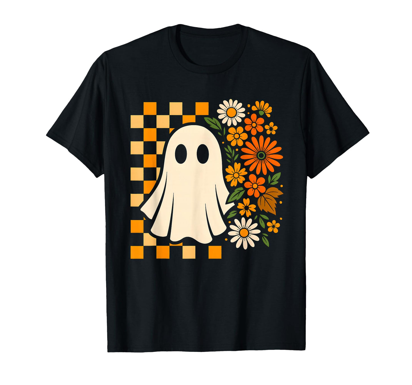 Retro Ghost with Flowers Halloween Icons Fall Design T-Shirt