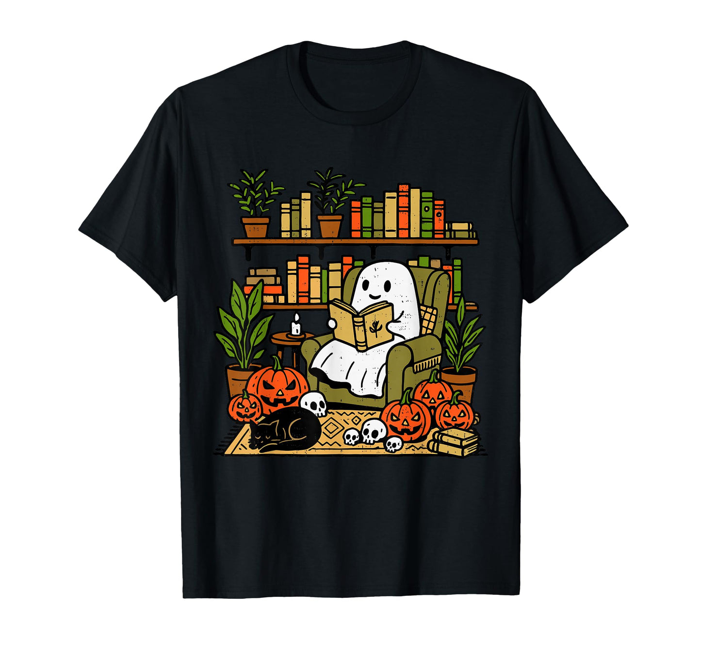 Ghost Library Reading Books Halloween Librarian Teacher T-Shirt