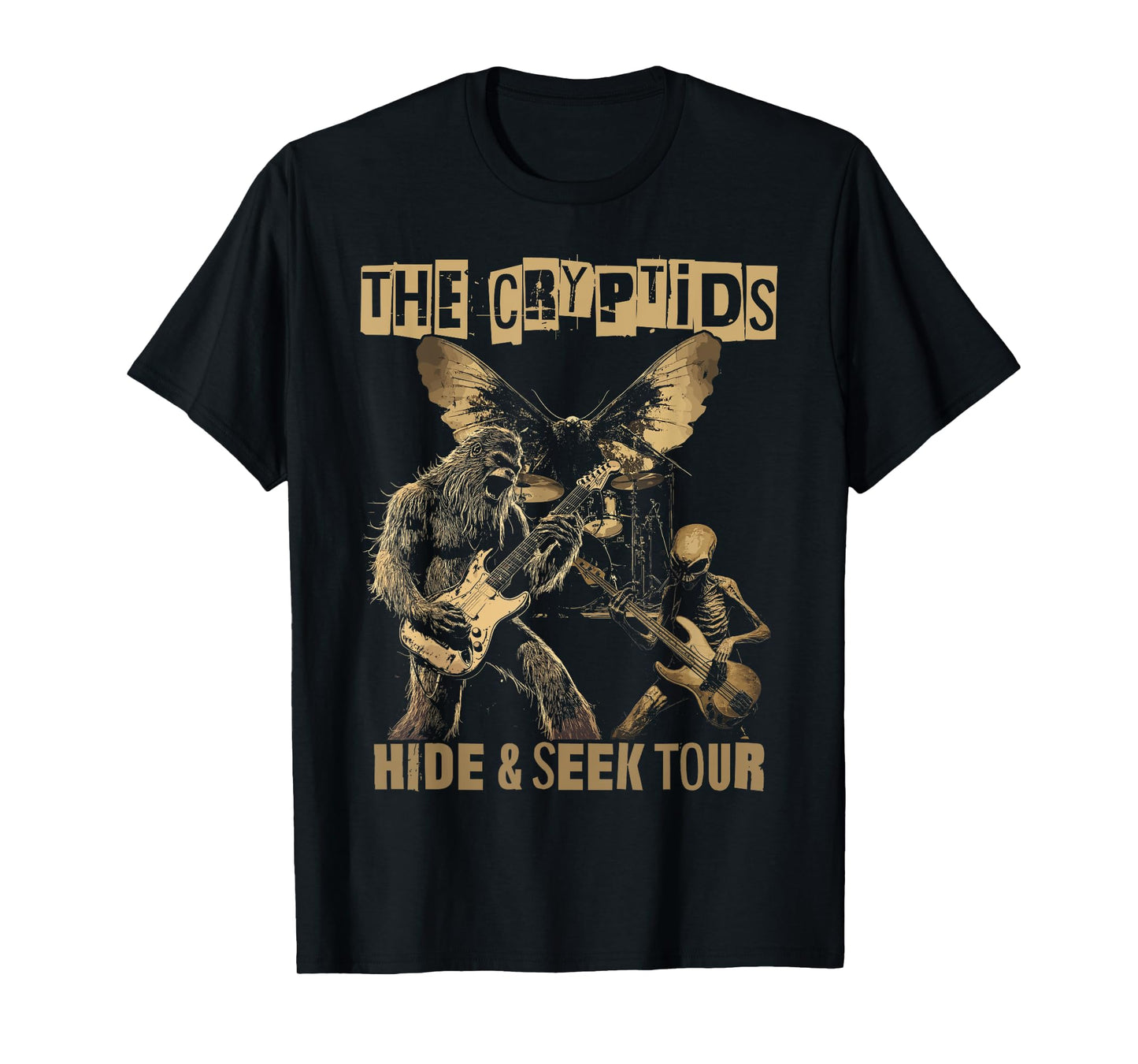 Bigfoot Sasquatch Alien Mothman UFO Heavy Metal Cryptid Band T-Shirt