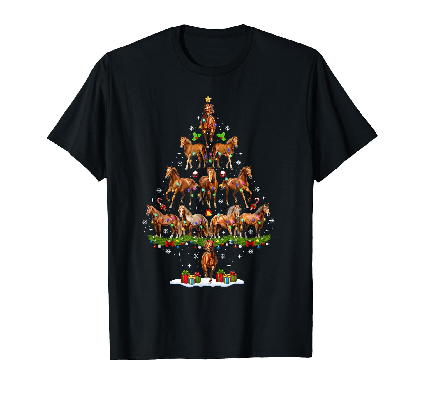 Funny Horse Christmas Tree Lights Santa Hat Xmas Pajamas T-Shirt