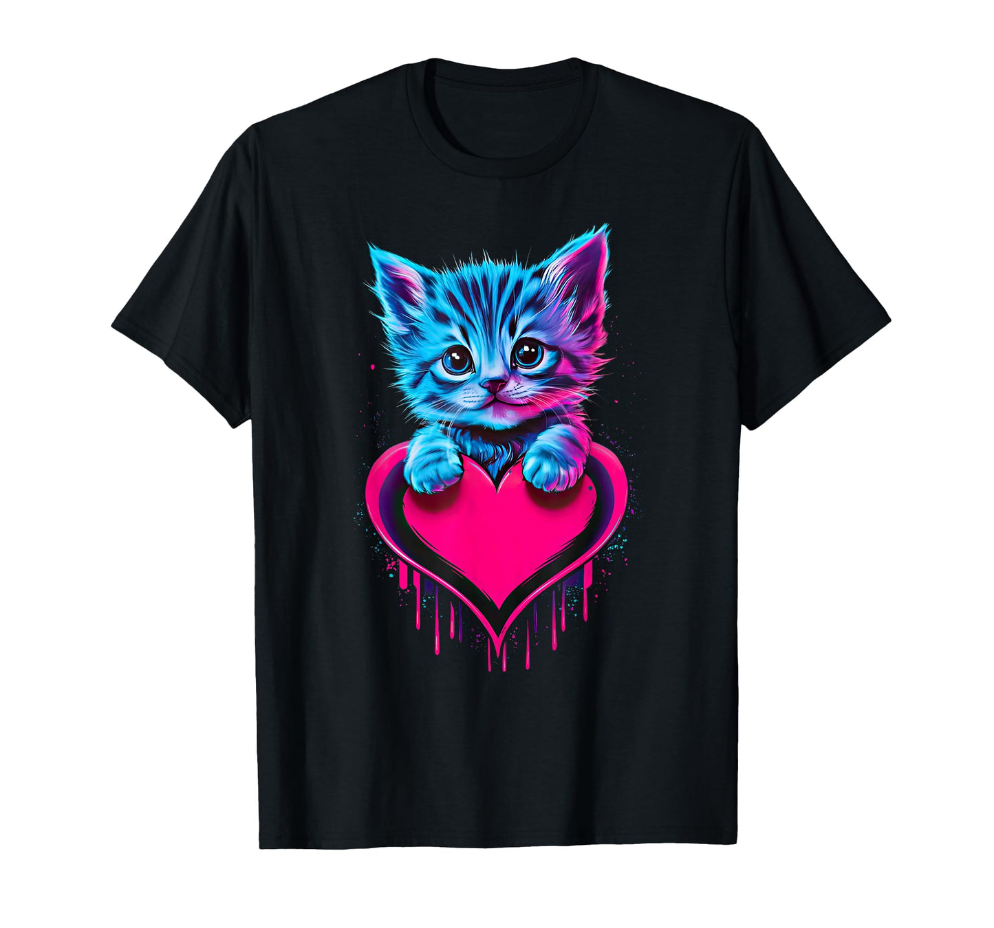 Funny Blacklight Glitch Art Cute Cat Kitten Valentine Heart Men Women Girls Kids T-Shirt
