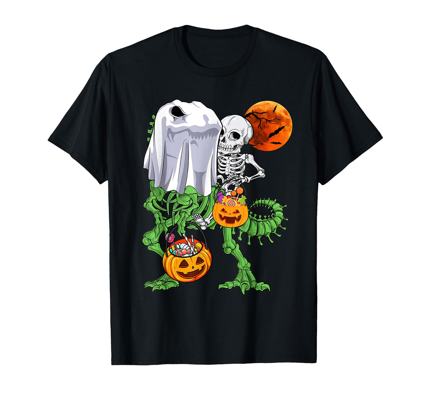 Skeleton Riding Mummy Dinosaur T rex Halloween Funny Pumpkin T-Shirt