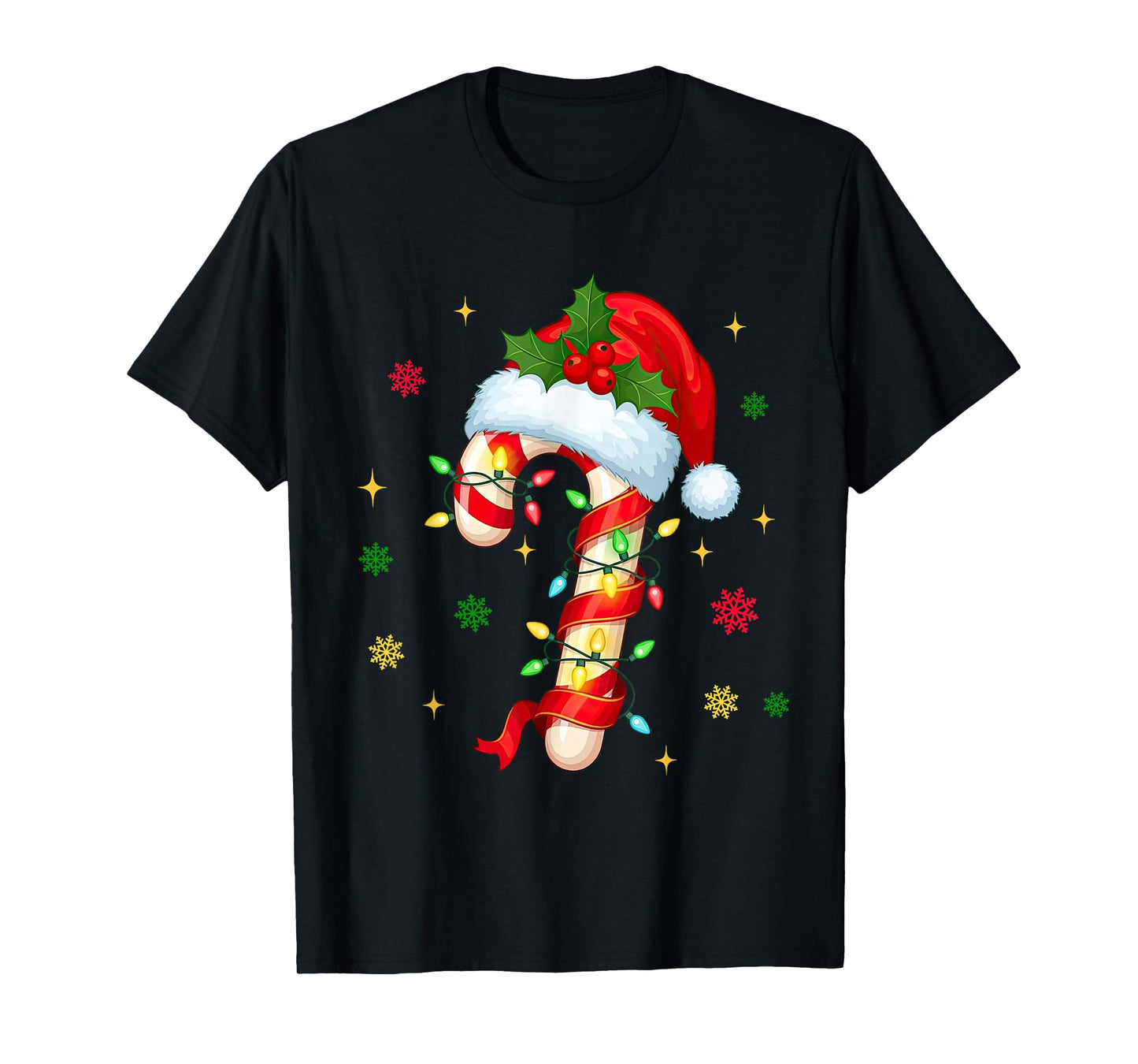 Candy Cane Christmas Lights Santa Hat Xmas Crew Women Girls T-Shirt