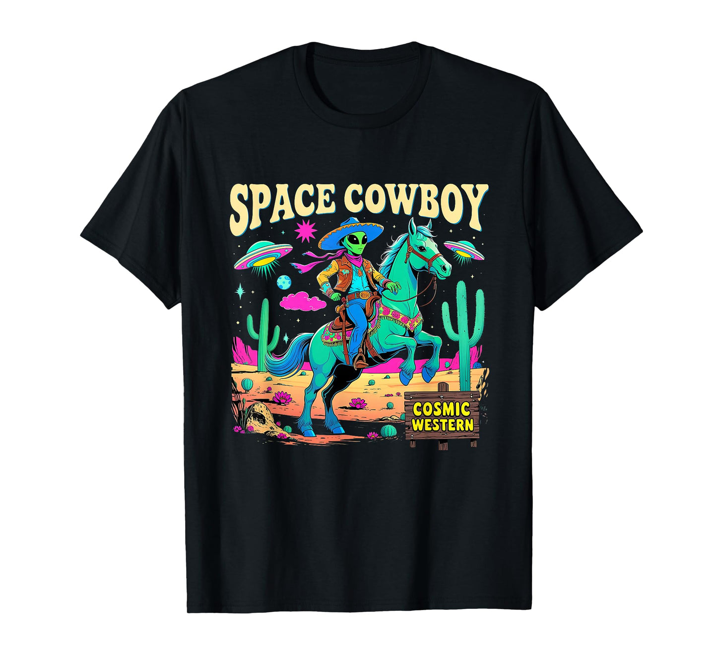 Space Cowboy Alien Riding Horse Cosmic Western Art T-Shirt