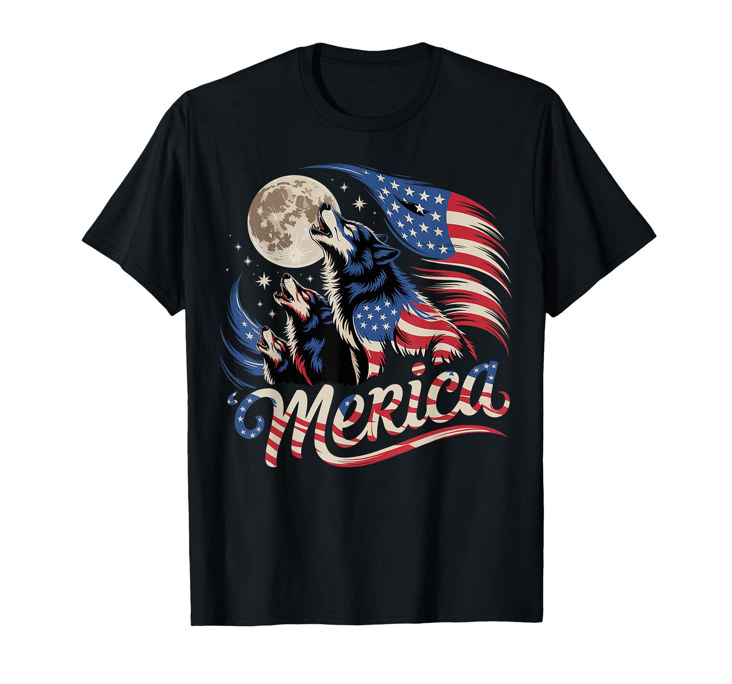 Wolf 4th of July American Flag Howling Wolves Under Moon T-Shirt