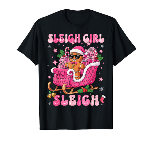 Groovy Pink Gingerbread Sleigh Coquette Bow Christmas Girl T-Shirt
