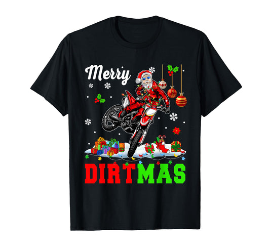 Merry Dirtmas Christmas Lights Santa Riding Dirt Bike Biker T-Shirt