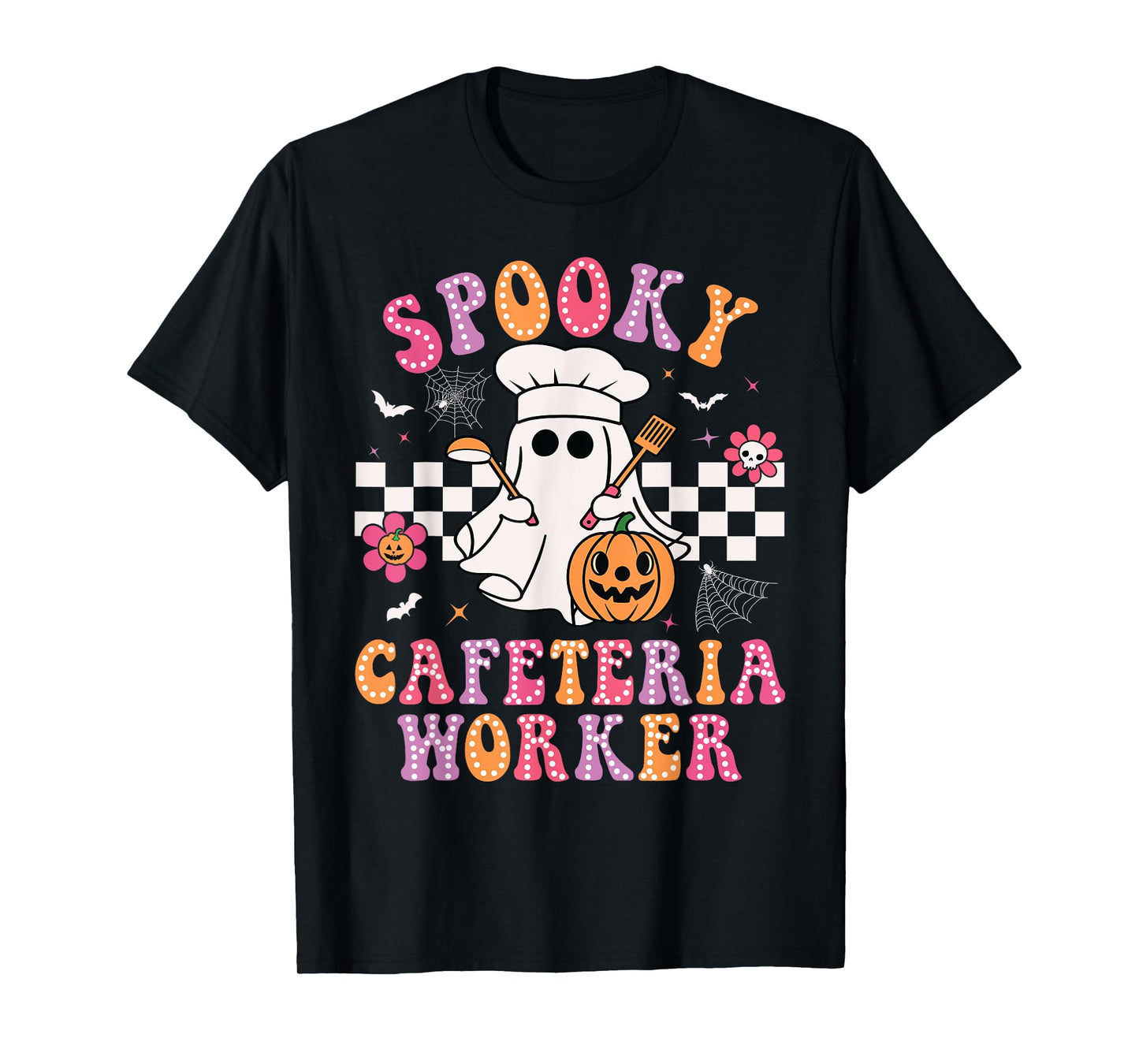 Spooky Cafeteria Worker Ghost Pumpkin Groovy Halloween T-Shirt