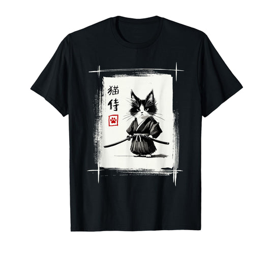Samurai Cat Japanese Art Sumi-e Novelty Kawaii Funny Cat T-Shirt