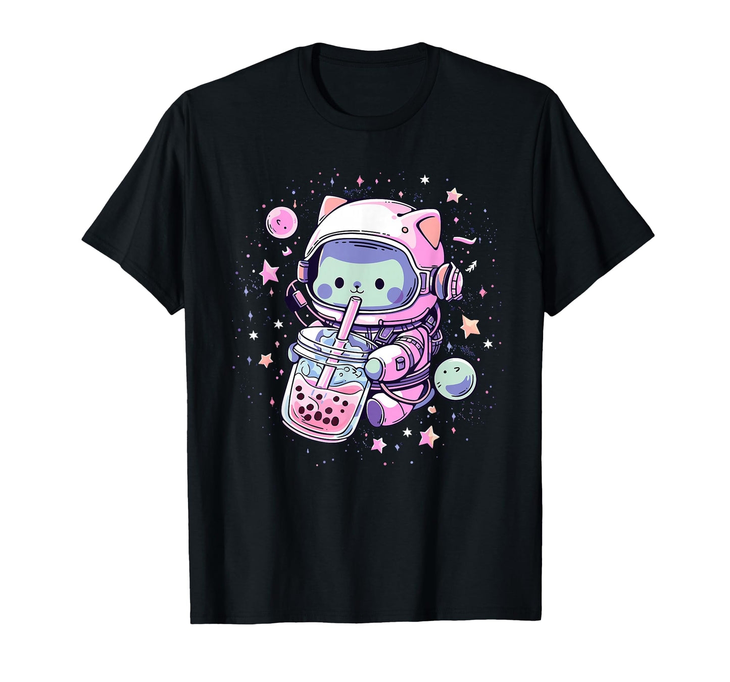 Kawaii Cat Bubble Boba Tea in Space Astronaut Anime Girls T-Shirt