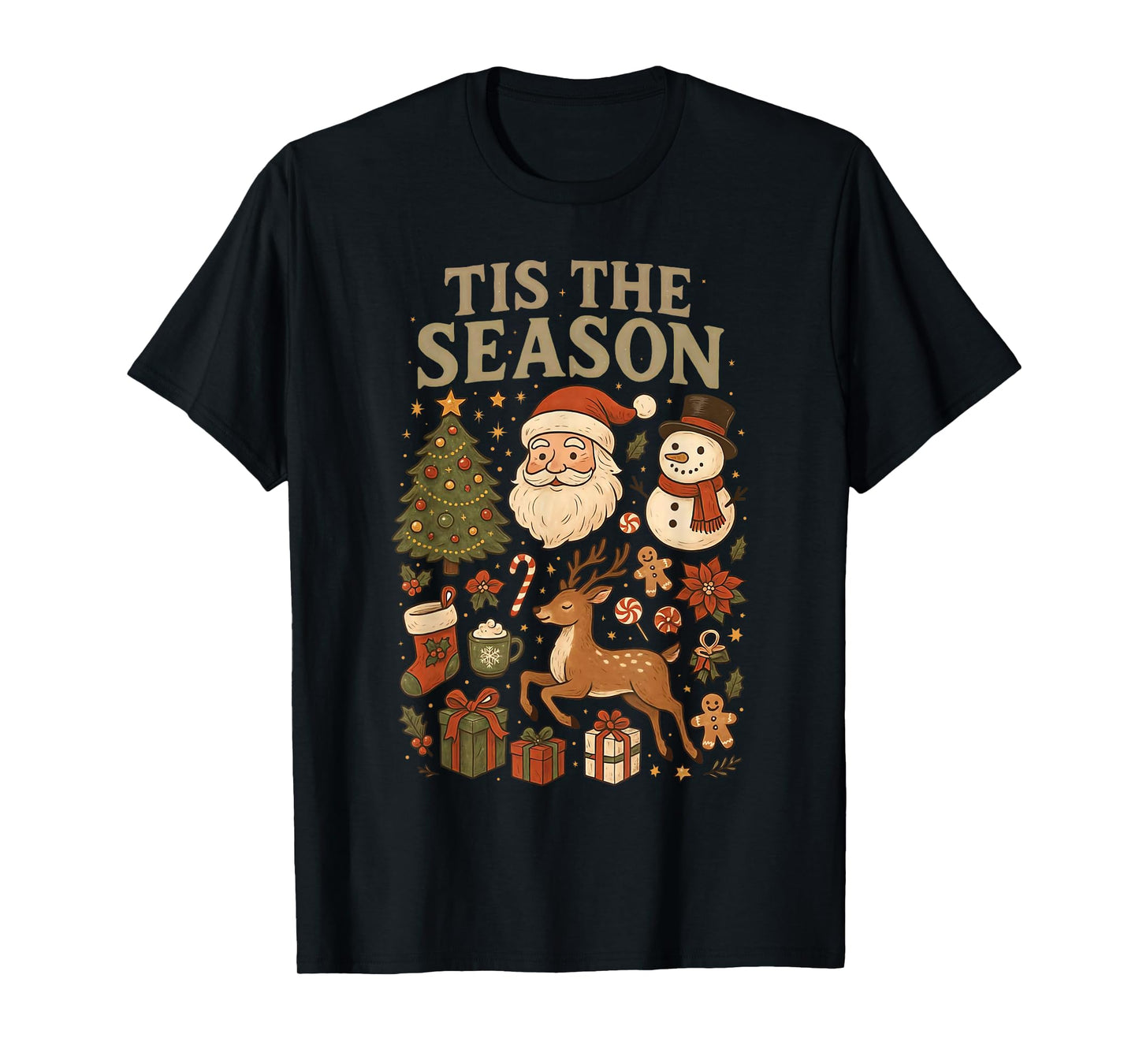 Retro Funny Santa Tis The Season Christmas Doodles Snowman T-Shirt