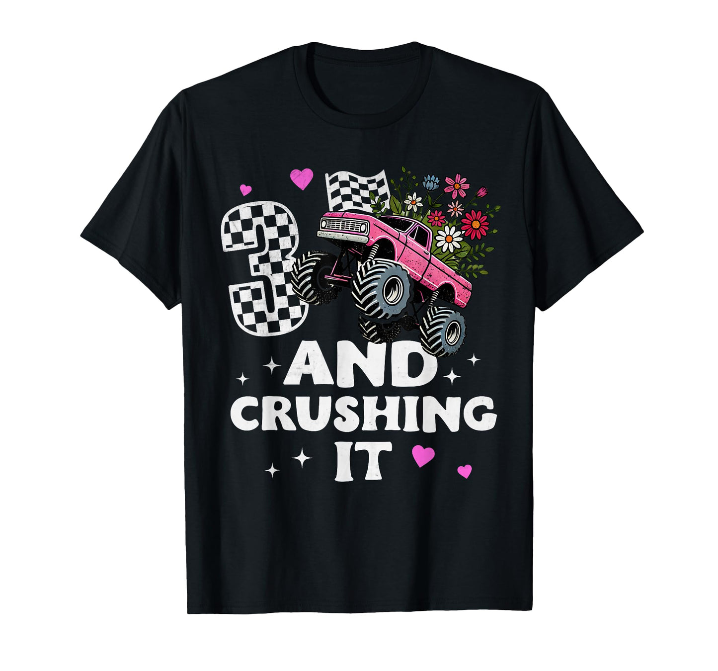Checkered Girls Monster Truck 3rd Birthday Party Three Kids T-Shirt