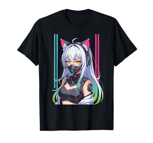 Cyberpunk Girl With Mask Sci-fi Anime Manga Cat Ears Girl T-Shirt