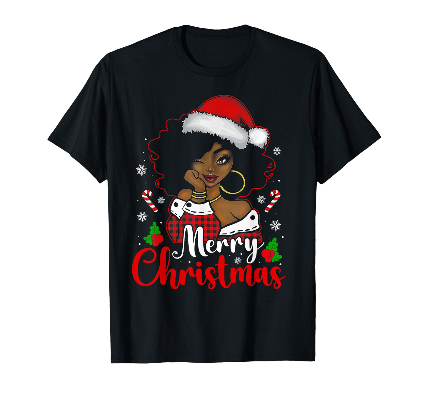 Merry Christmas Black African Girl Santa Hat Xmas Pajamas T-Shirt