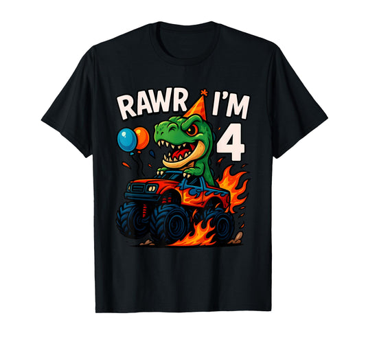 Rawr I'm 4 Fourth Birthday Party T Rex Monster Truck Boys T-Shirt