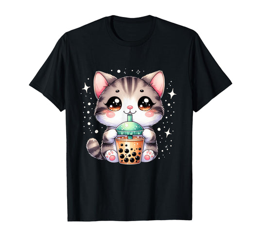 Cute Cat Boba Tea Girl Women Japanese Anime Graphic T-Shirt