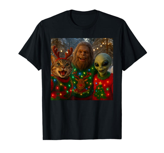Funny Christmas Cat Selfie with Bigfoot Alien Ugly Sweater T-Shirt