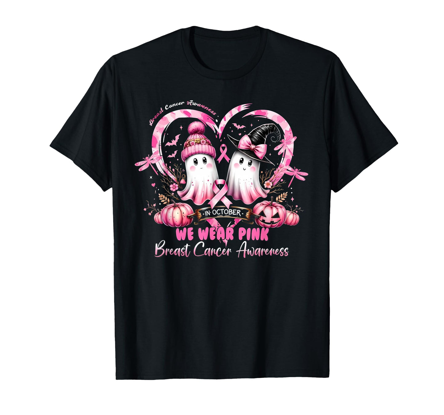 in October We Wear Pink Breast Cancer Heart Dragonflies T-Shirt